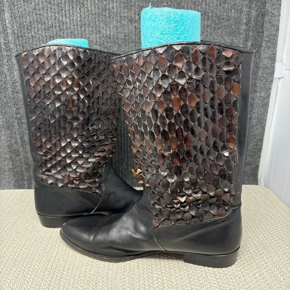 Lorenzo Banfi Woven Mid Calf Leather Boots Black Brown Italy Mens 12